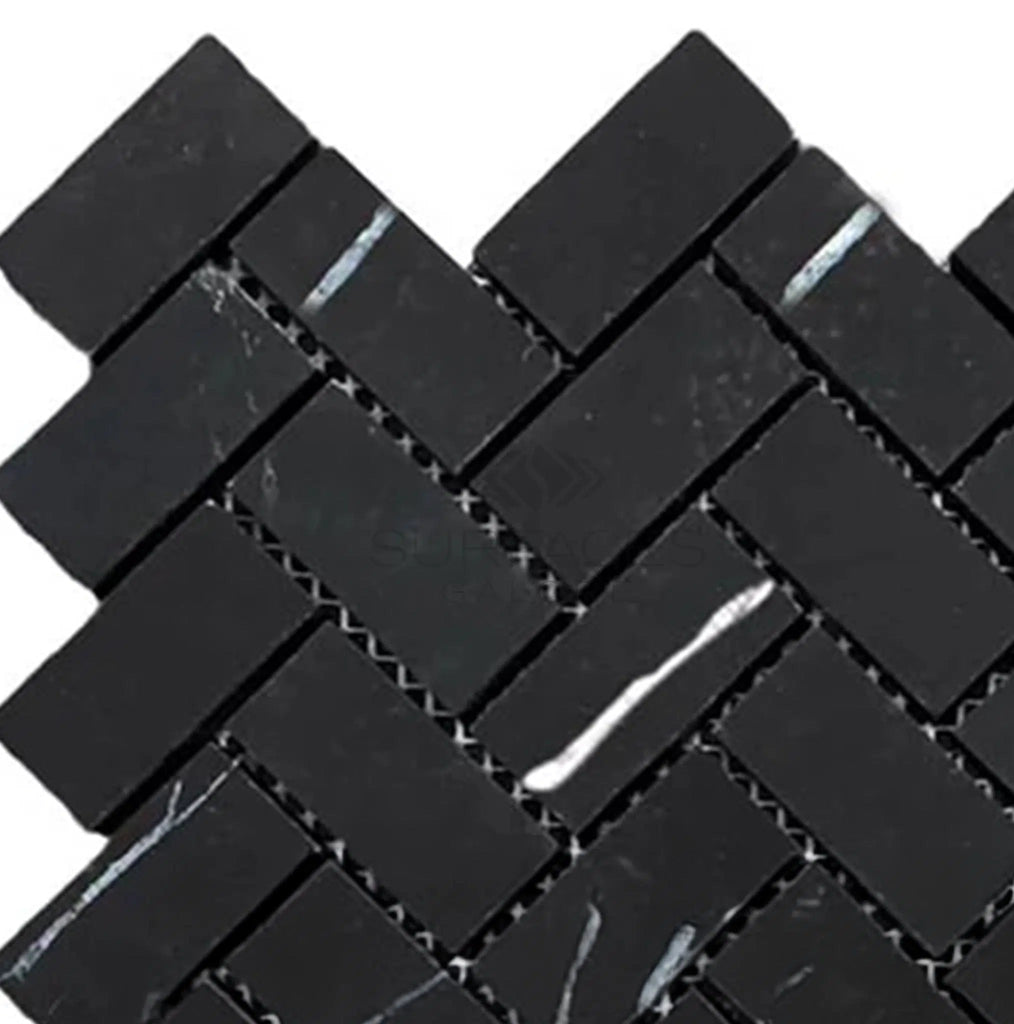 Nero Marquina/Black 1X2 Herringbone Marble Mosaic Polished - Honed - SurfacesGalorePolished