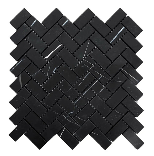 Nero Marquina/Black 1X2 Herringbone Marble Mosaic Polished - Honed - SurfacesGalorePolished