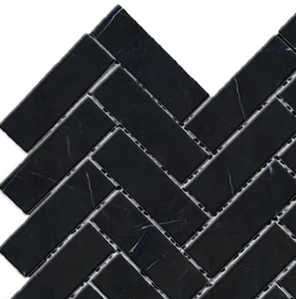 Nero Marquina/Black 1X3 Herringbone Marble Mosaic Polished - Honed - SurfacesGalorePolished