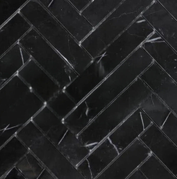 Nero Marquina/Black 1X4 Herringbone Marble Mosaic Polished - Honed - SurfacesGalorePolished