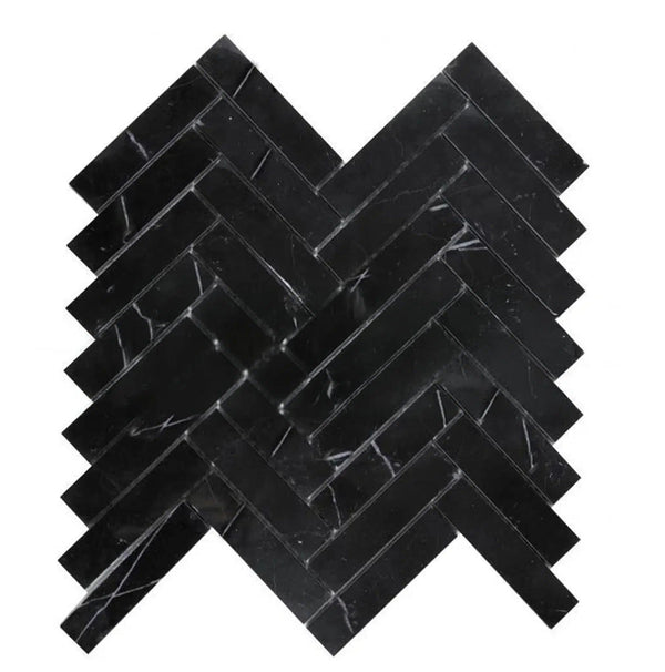 Nero Marquina/Black 1X4 Herringbone Marble Mosaic Polished - Honed - SurfacesGalorePolished