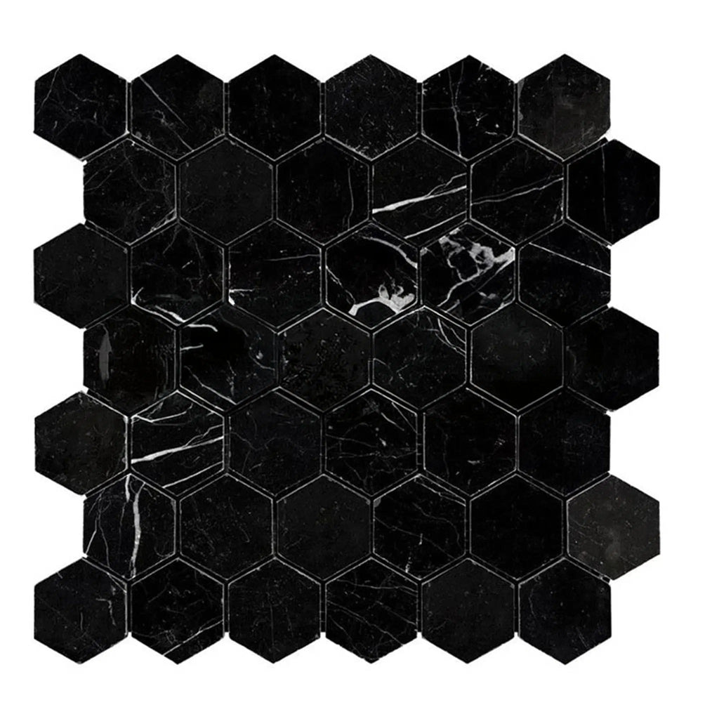 Nero Marquina/Black 2X2 Hexagon Marble Mosaic Polished - Honed - SurfacesGalorePolished