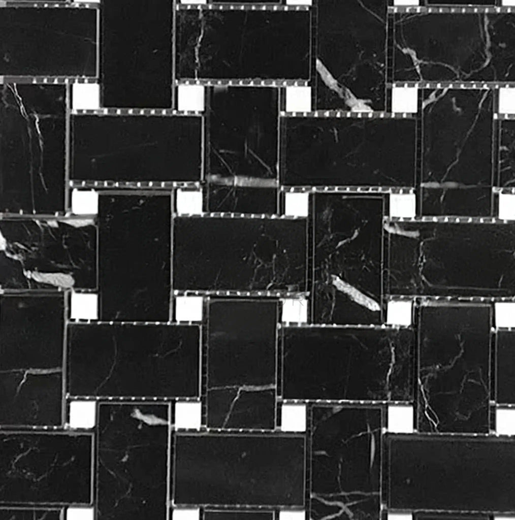 Nero Marquina/Black Basketweave w/White Dots Marble Mosaic Polished - Honed - SurfacesGalorePolished