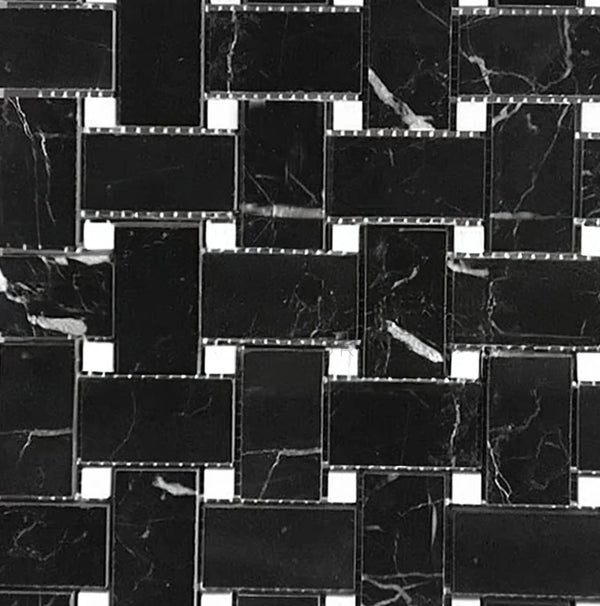 Nero Marquina/Black Basketweave w/White Dots Marble Mosaic Polished - Honed - SurfacesGalorePolished