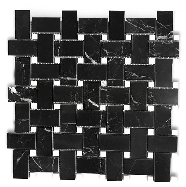 Nero Marquina/Black Basketweave w/White Dots Marble Mosaic Polished - Honed - SurfacesGalorePolished