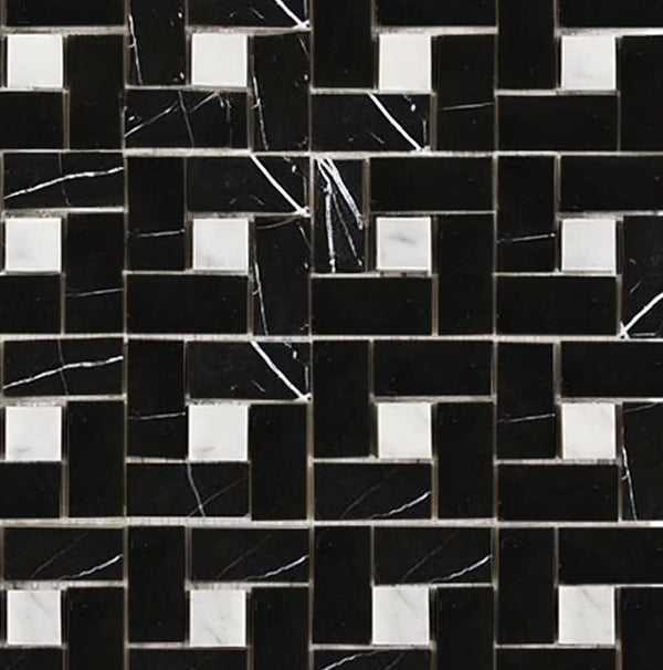 Nero Marquina/Black Pinwheel (Mini) w/White Dots Marble Mosaic Polished - Honed - SurfacesGalorePolished