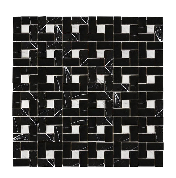 Nero Marquina/Black Pinwheel (Mini) w/White Dots Marble Mosaic Polished - Honed - SurfacesGalorePolished