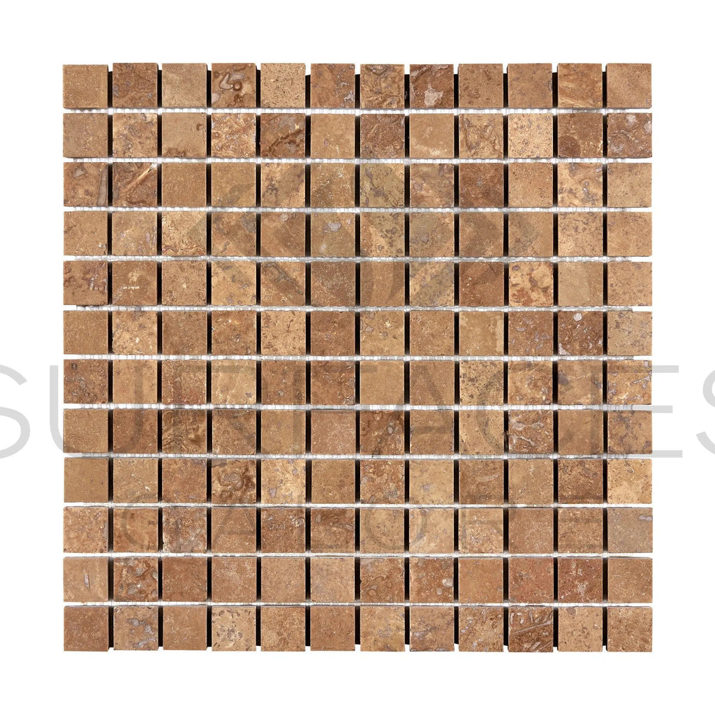 Noce (Brown) Travertine 1X1 Mosaic Filled and Honed - SurfacesGalore