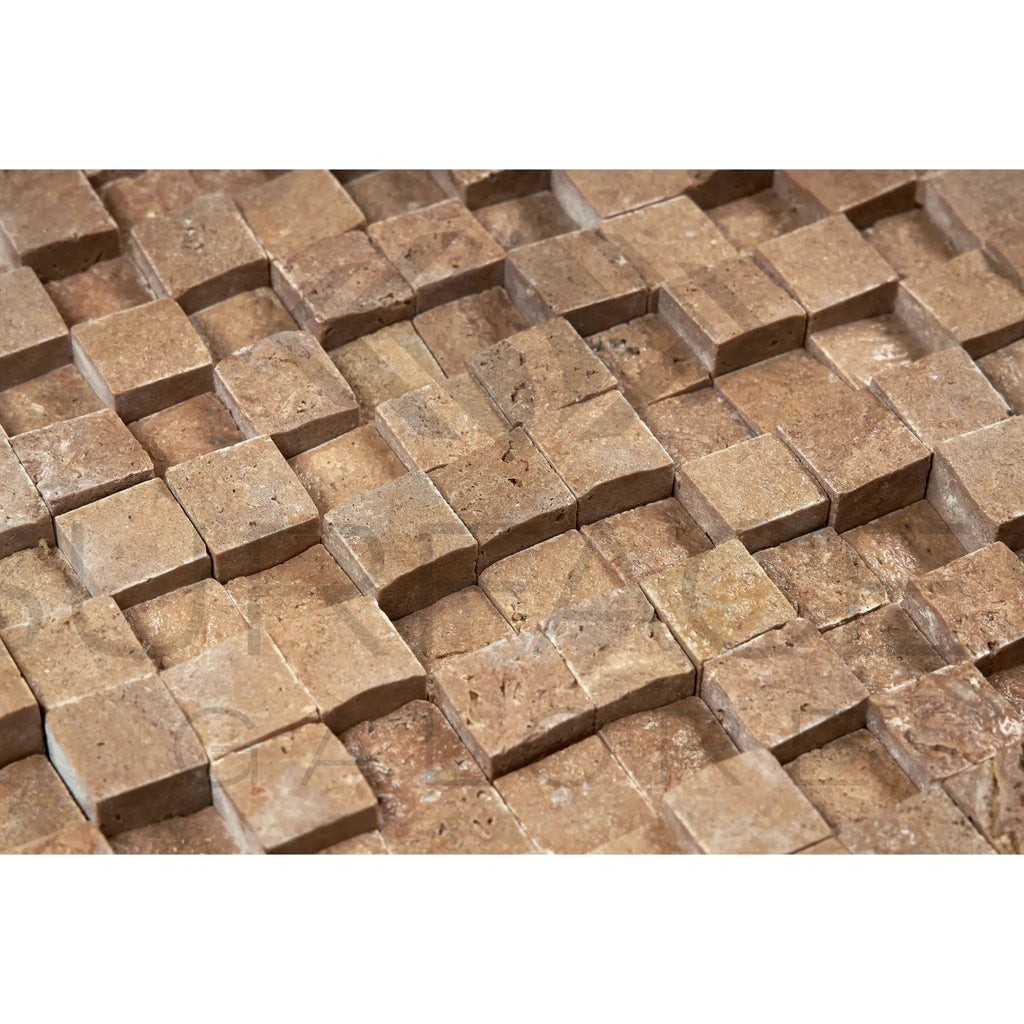 Noce (Brown) Travertine 1X1 Mosaic Hi - Low Split - Faced - SurfacesGalore