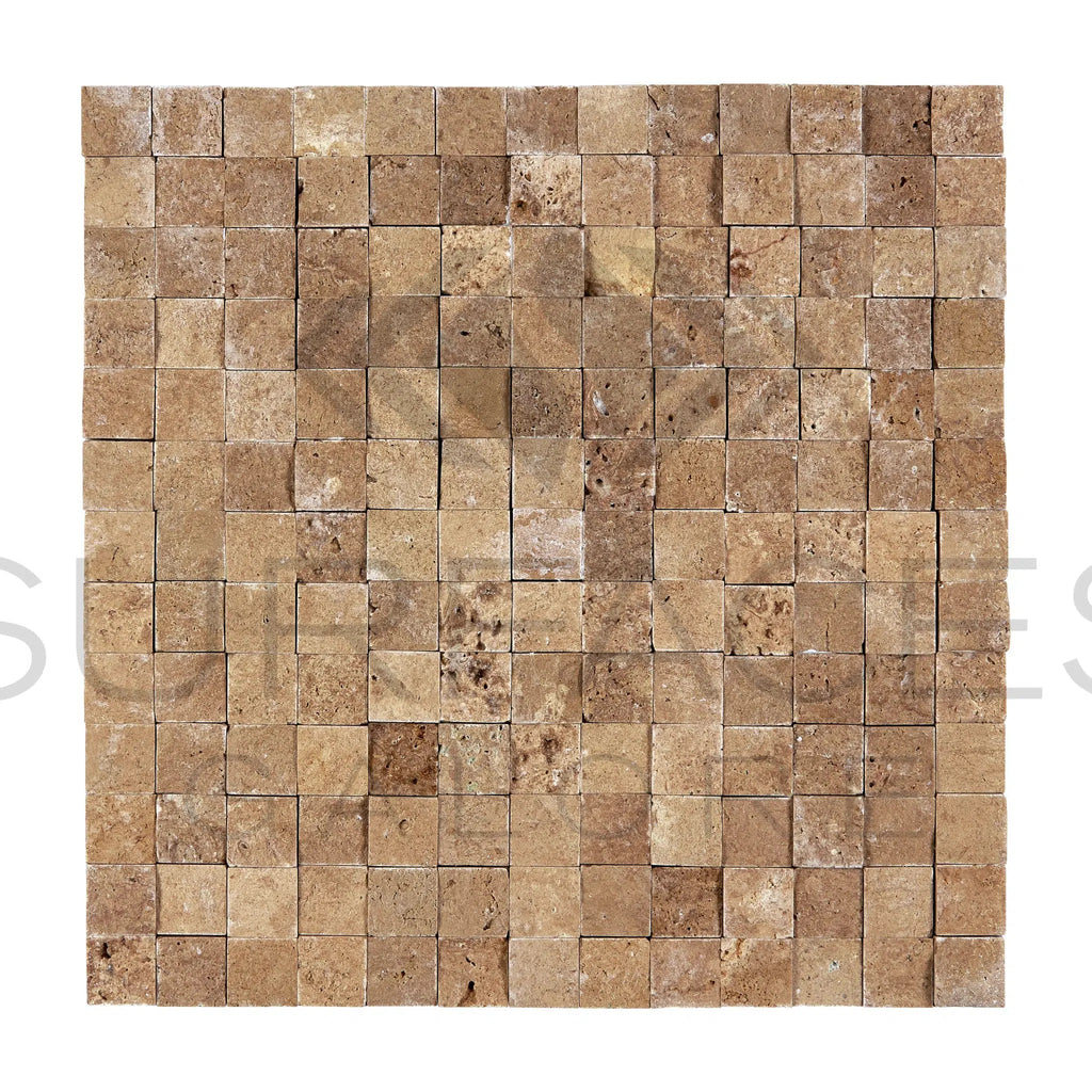 Noce (Brown) Travertine 1X1 Mosaic Split - Faced - SurfacesGalore