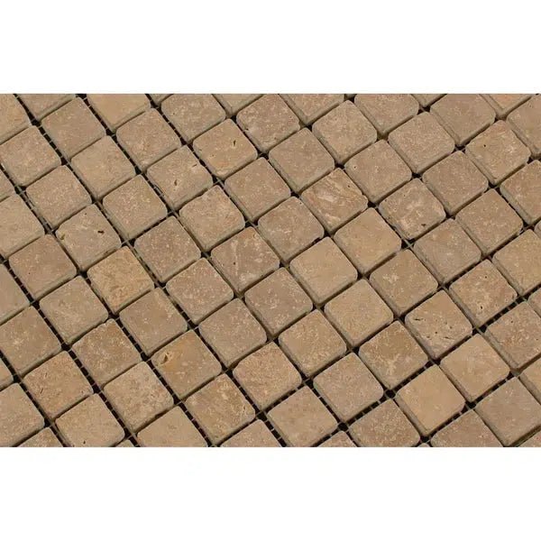 Noce (Brown) Travertine 1X1 Mosaic Tumbled - SurfacesGalore