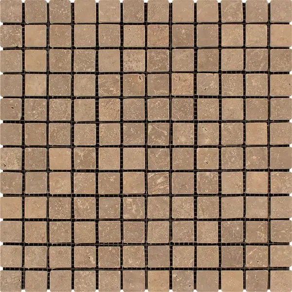 Noce (Brown) Travertine 1X1 Mosaic Tumbled - SurfacesGalore