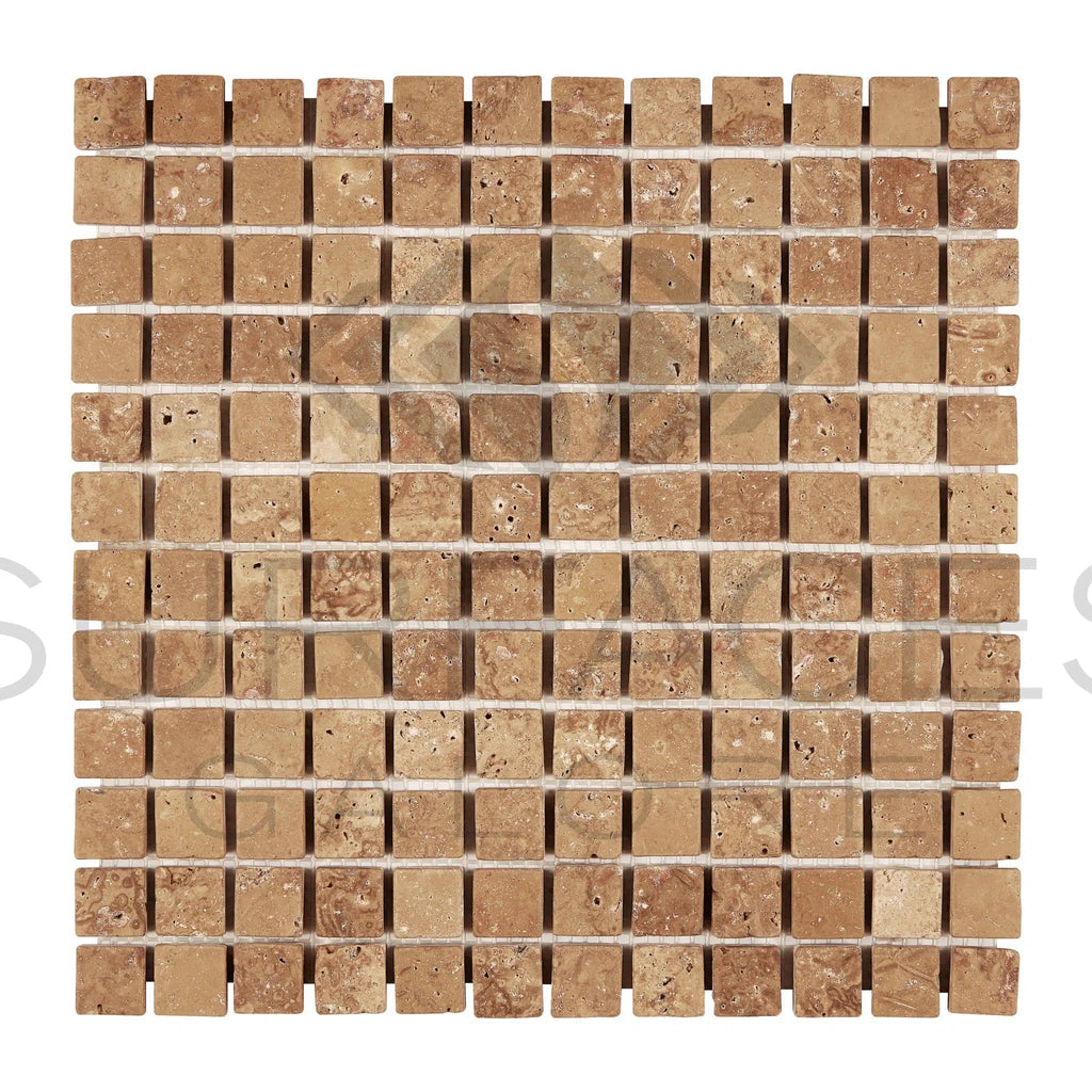 Noce (Brown) Travertine 1X1 Mosaic Tumbled - SurfacesGalore