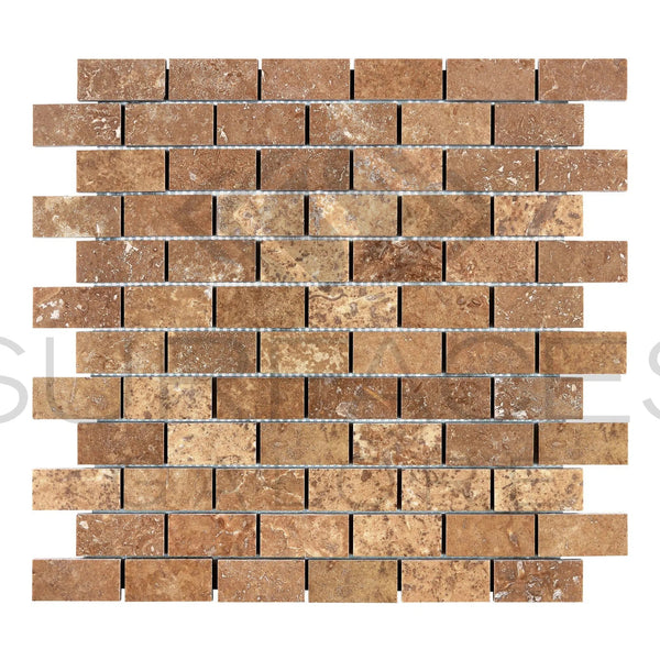 Noce (Brown) Travertine 1X2 Brick Mosaic Filled and Honed - SurfacesGalore