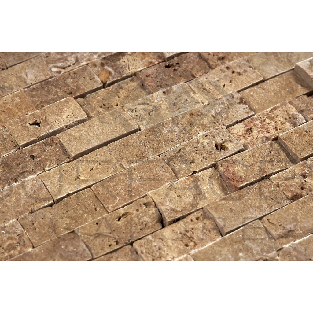 Noce (Brown) Travertine 1X2 Brick Mosaic Split - Faced - SurfacesGalore