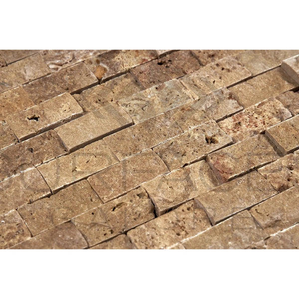 Noce (Brown) Travertine 1X2 Brick Mosaic Split - Faced - SurfacesGalore