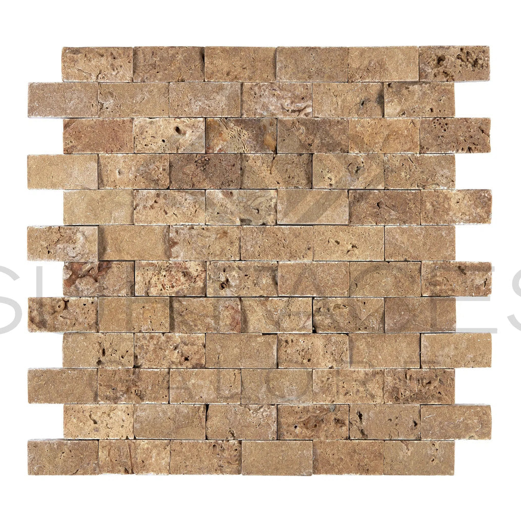 Noce (Brown) Travertine 1X2 Brick Mosaic Split - Faced - SurfacesGalore