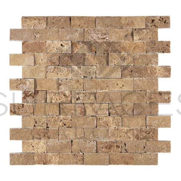 Noce (Brown) Travertine 1X2 Brick Mosaic Split - Faced - SurfacesGalore