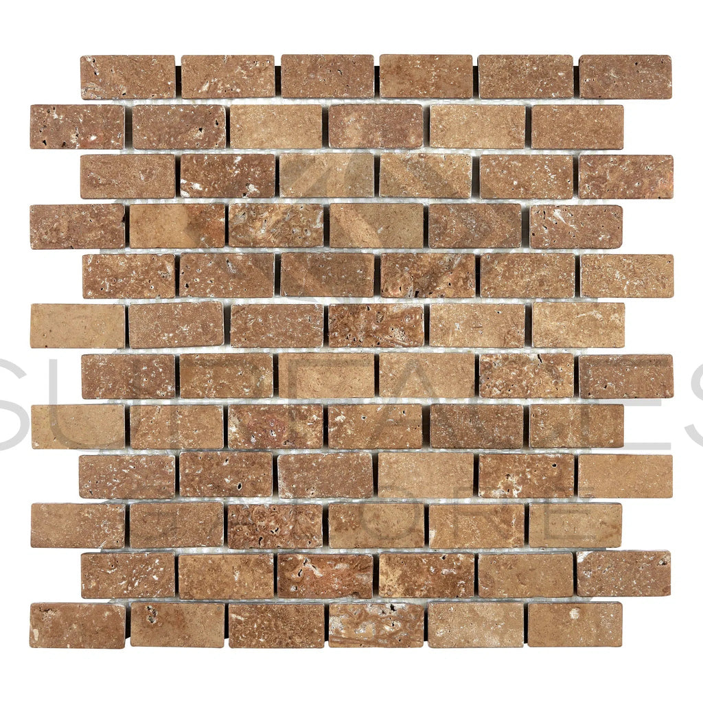 Noce (Brown) Travertine 1X2 Brick Mosaic Tumbled - SurfacesGalore