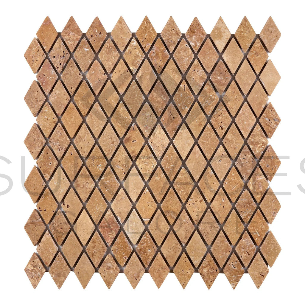 Noce (Brown) Travertine 1X2 Diamond / Rhomboid Mosaic Tumbled - SurfacesGalore