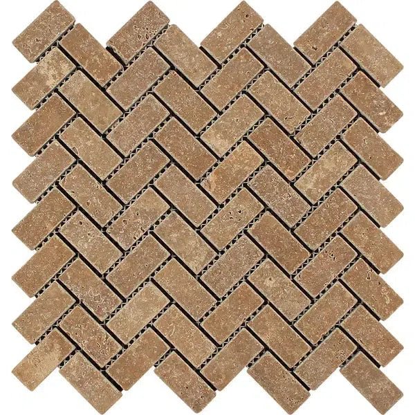 Noce (Brown) Travertine 1X2 Herringbone Mosaic Tumbled - SurfacesGalore