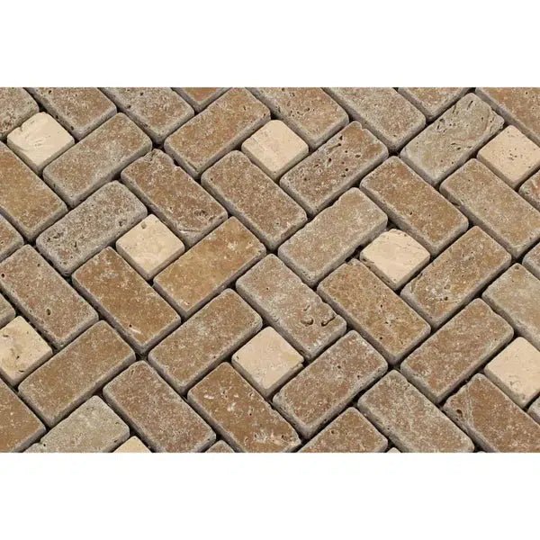 Noce (Brown) Travertine 1X2 Pinwheel (Large) Mosaic w/ Ivory Dots Tumbled - SurfacesGalore