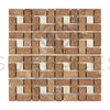 Noce (Brown) Travertine 1X2 Pinwheel (Large) Mosaic w/ Ivory Dots Tumbled