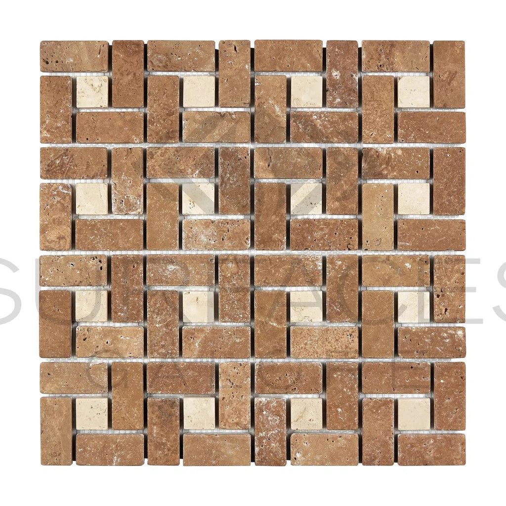 Noce (Brown) Travertine 1X2 Pinwheel (Large) Mosaic w/ Ivory Dots Tumbled