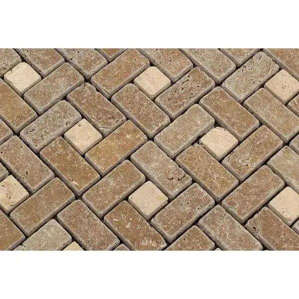 Noce (Brown) Travertine 1X2 Pinwheel (Large) Mosaic w/ Ivory Dots Tumbled