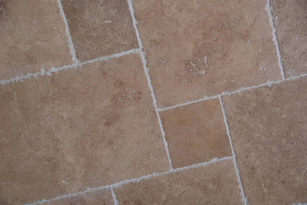 Noce (Brown) Travertine 1X2 Pinwheel (Large) Mosaic w/ Ivory Dots Tumbled