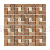 Noce (Brown) Travertine 1X2 Pinwheel (Large) Mosaic w/ Ivory Dots Tumbled - SurfacesGalore