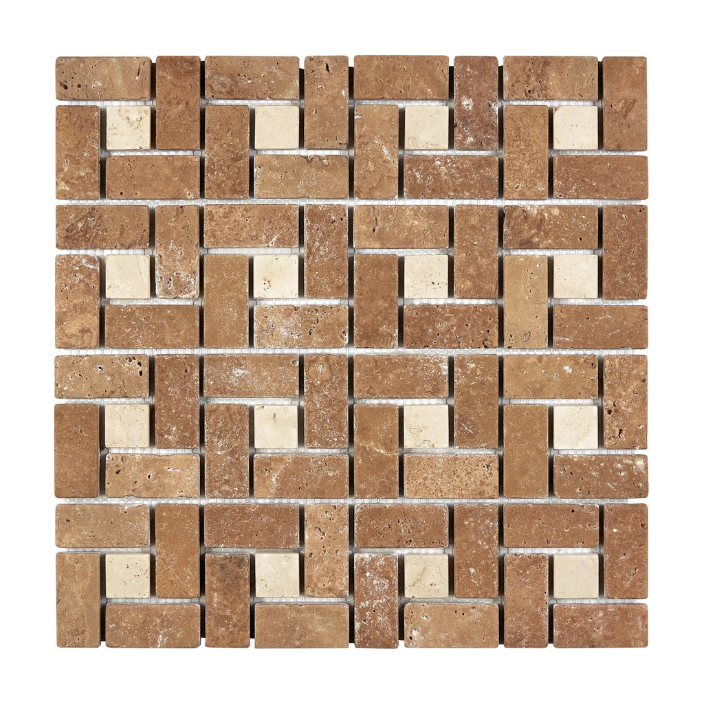 Noce (Brown) Travertine 1X2 Pinwheel (Large) Mosaic w/ Ivory Dots Tumbled