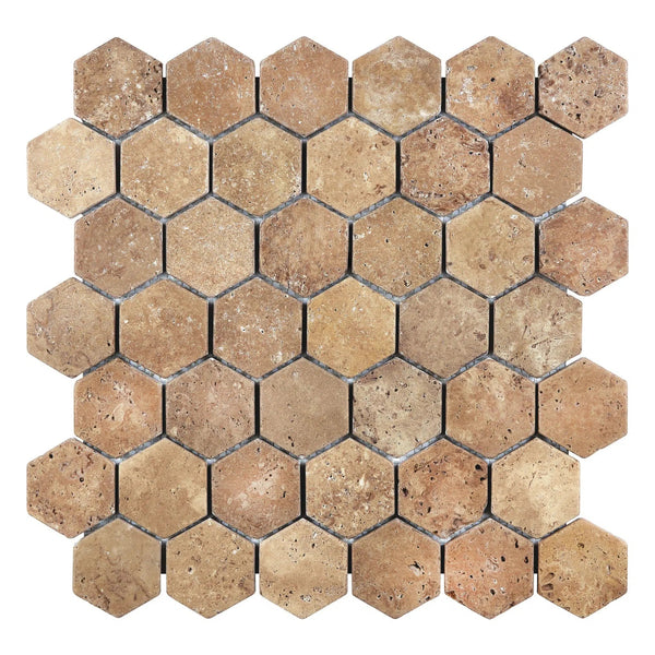 Noce (Brown) Travertine 2" Hexagon Mosaic Tumbled