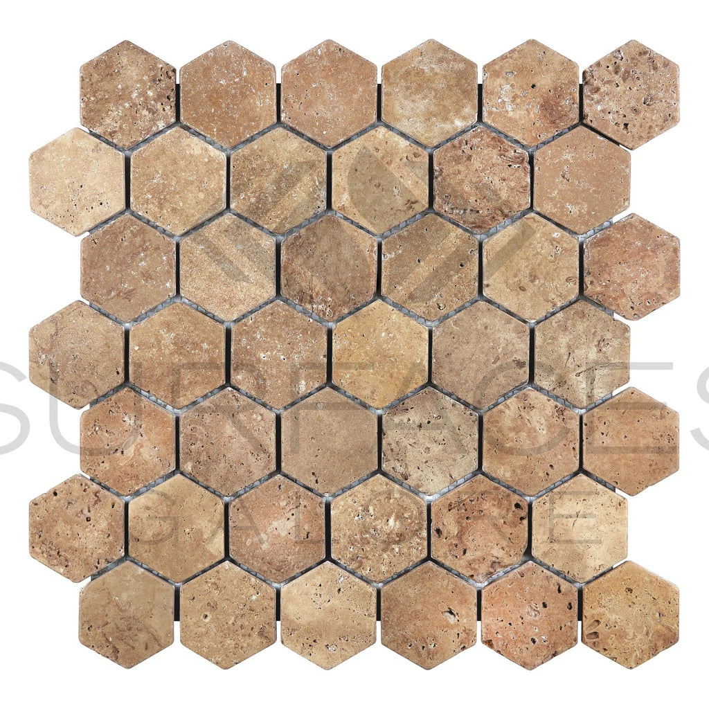 Noce (Brown) Travertine 2X2 Hexagon Mosaic Tumbled - SurfacesGalore