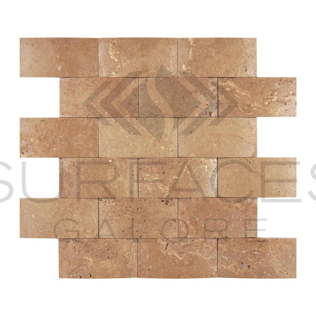 Noce (Brown) Travertine 2X4 Brick Mosaic CNC - Arched (Round - Face / Wavy) - SurfacesGalore