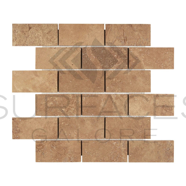 Noce (Brown) Travertine 2X4 Brick Mosaic Filled and Honed - SurfacesGalore