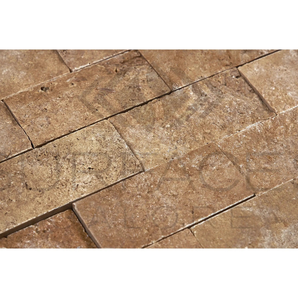 Noce (Brown) Travertine 2X4 Brick Mosaic Split - Faced - SurfacesGalore