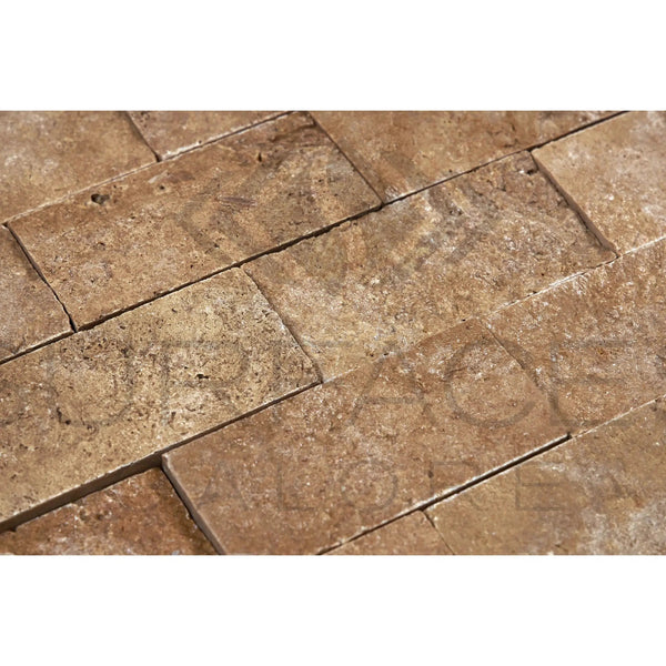 Noce (Brown) Travertine 2X4 Brick Mosaic Split - Faced - SurfacesGalore