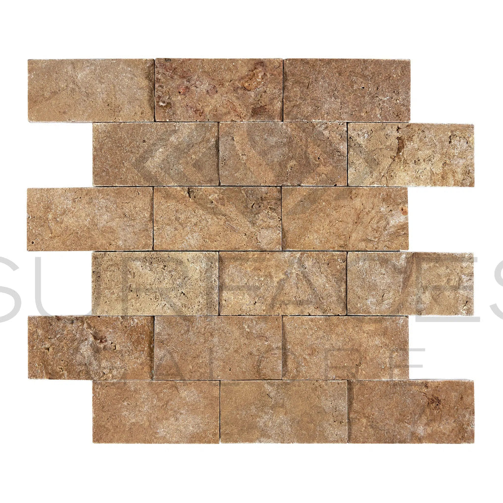 Noce (Brown) Travertine 2X4 Brick Mosaic Split - Faced - SurfacesGalore