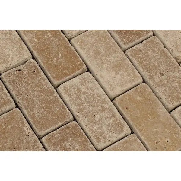 Noce (Brown) Travertine 2X4 Brick Mosaic Tumbled - SurfacesGalore