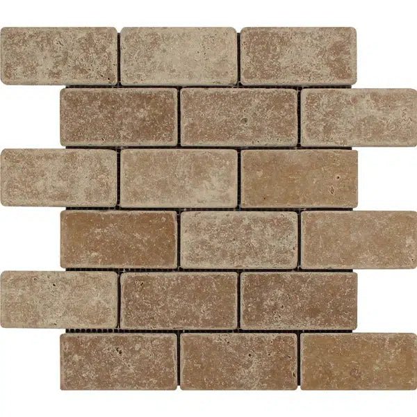 Noce (Brown) Travertine 2X4 Brick Mosaic Tumbled - SurfacesGalore