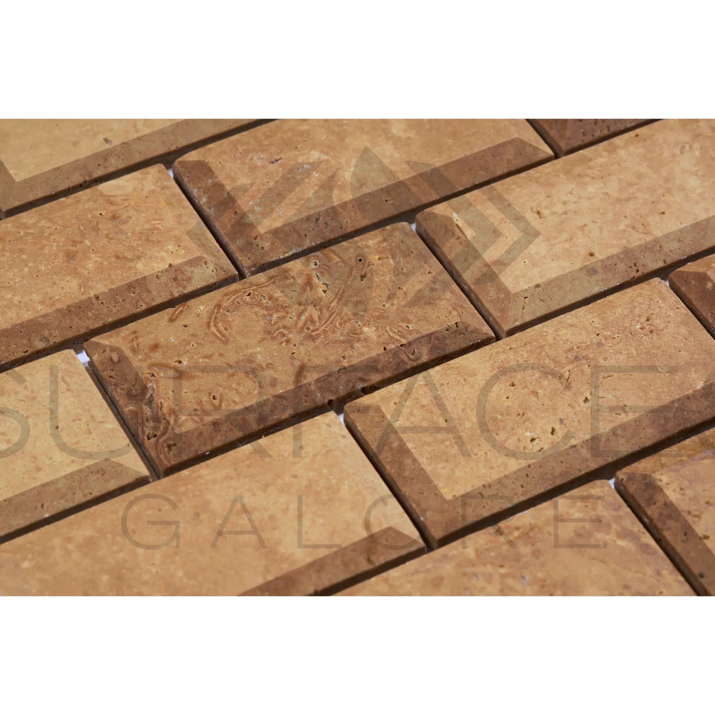 Noce (Brown) Travertine 2X4 Deep - Beveled Brick Mosaic Honed - SurfacesGalore