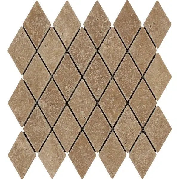 Noce (Brown) Travertine 2X4 Diamond / Rhomboid Mosaic Tumbled - SurfacesGalore