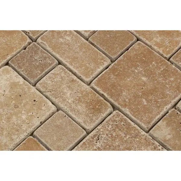 Noce (Brown) Travertine 3 - pcs. Mini - Pattern Mosaic (Non - Interlocking) Tumbled - SurfacesGalore