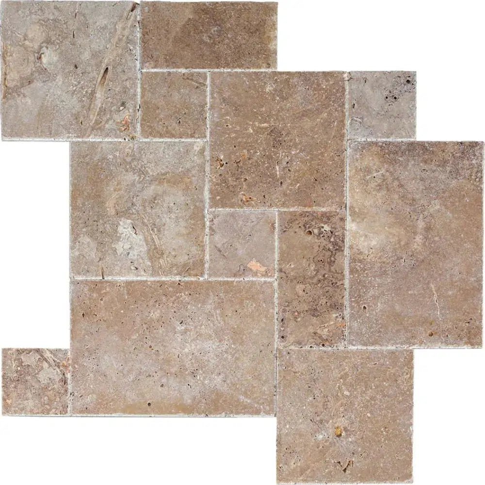 Noce (Brown) Travertine 4 pcs Versailles Pattern / French Pattern Set (Cross - Cut) Unfilled, Brushed and Chiseled - SurfacesGalore