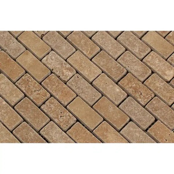 Noce (Brown) Travertine 5/8X1 1/4 Mini - Brick Mosaic Tumbled - SurfacesGalore