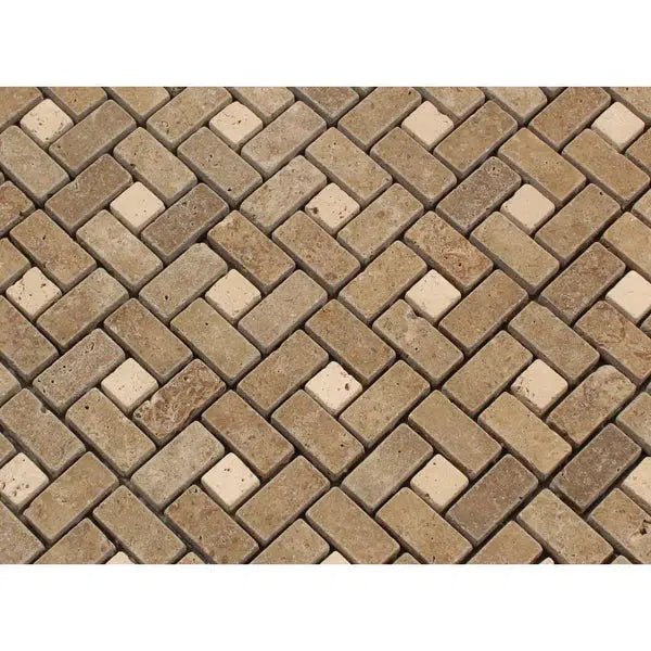 Noce (Brown) Travertine 5/8X1 1/4 Pinwheel (Mini) Mosaic w/ Ivory Dots Tumbled - SurfacesGalore