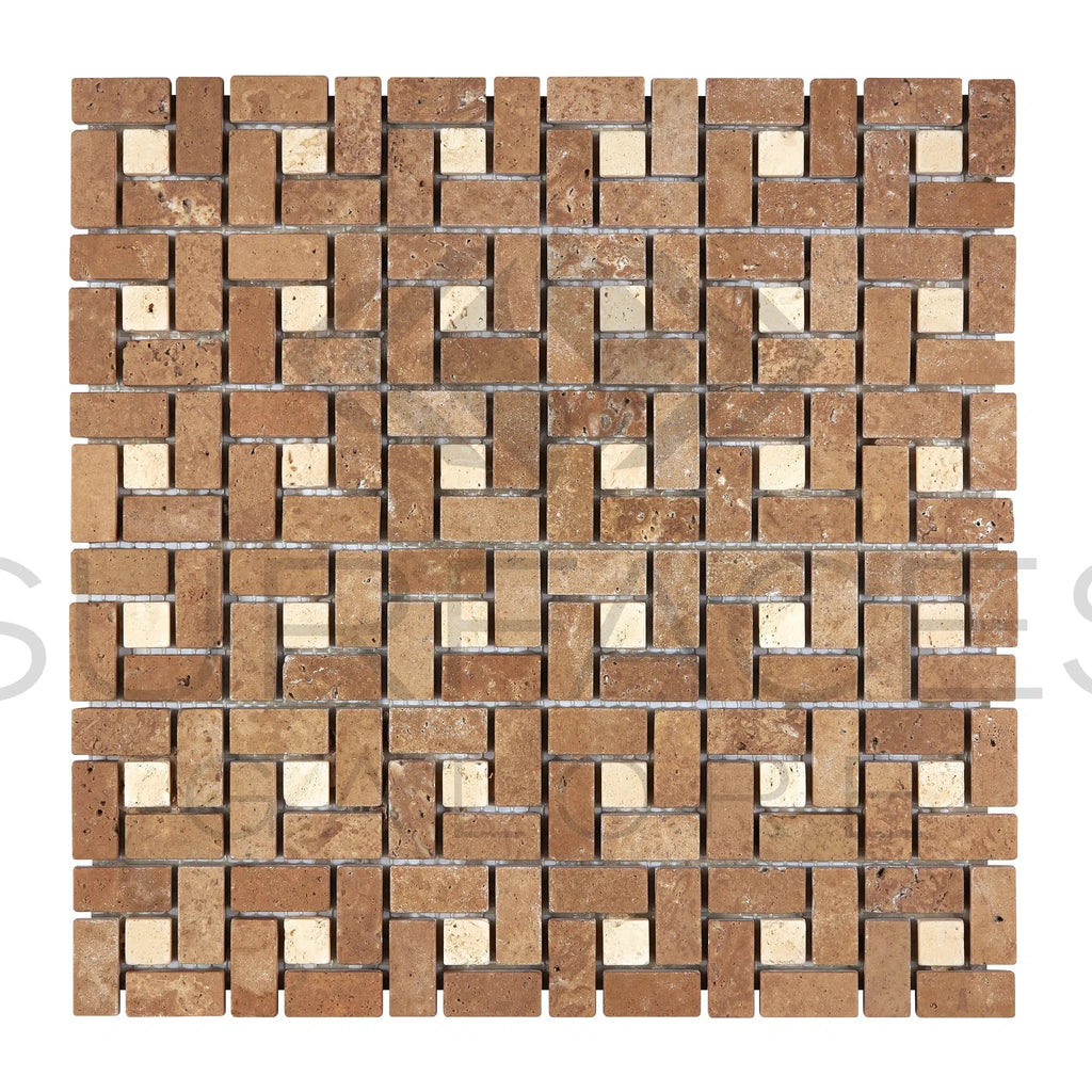 Noce (Brown) Travertine 5/8X1 1/4 Pinwheel (Mini) Mosaic w/ Ivory Dots Tumbled - SurfacesGalore