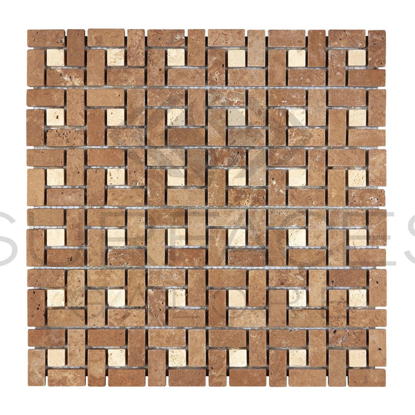 Noce (Brown) Travertine 5/8X1 1/4 Pinwheel (Mini) Mosaic w/ Ivory Dots Tumbled - SurfacesGalore