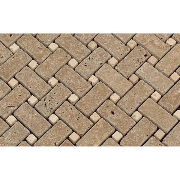 Noce (Brown) Travertine Basketweave w/ Ivory Dots Mosaic Tumbled - SurfacesGalore